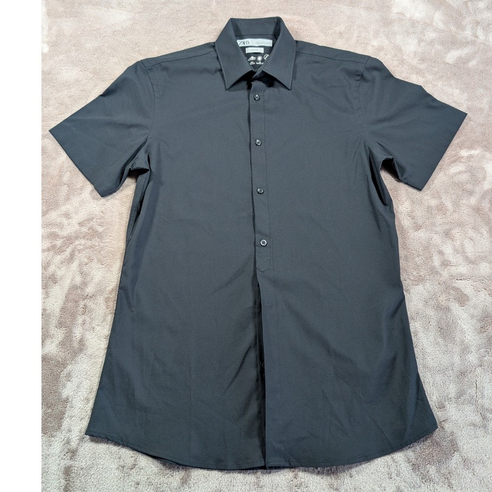 Zara Button Down Shirt Men Small Black Slim Fit Short Sleeve Performance Stretch